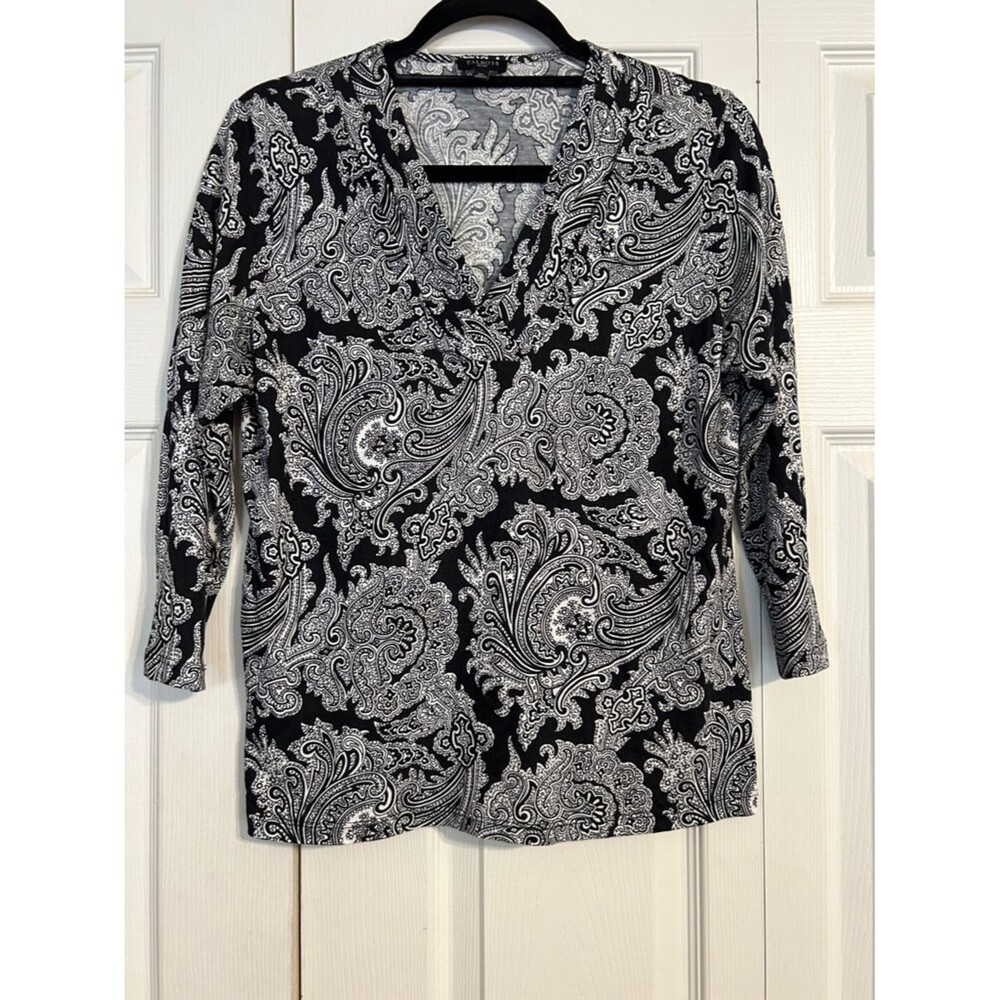 TALBOTS Medium Petite Cotton Modal Black White Paisley V-Neck Blouse Long Sleeve